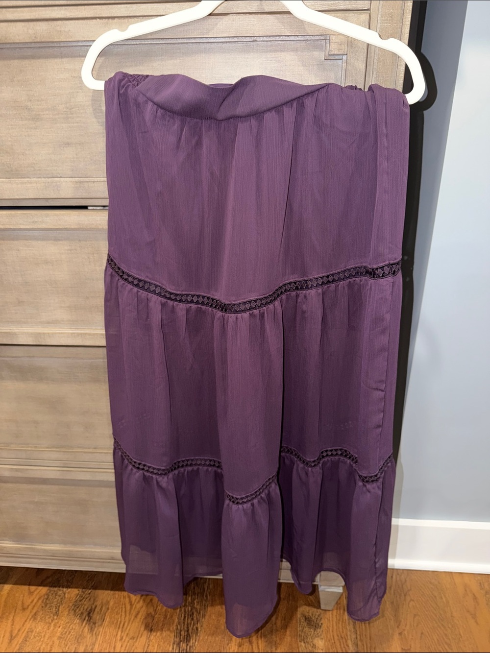 Express Purple Strapless Tiered Maxi Skirt